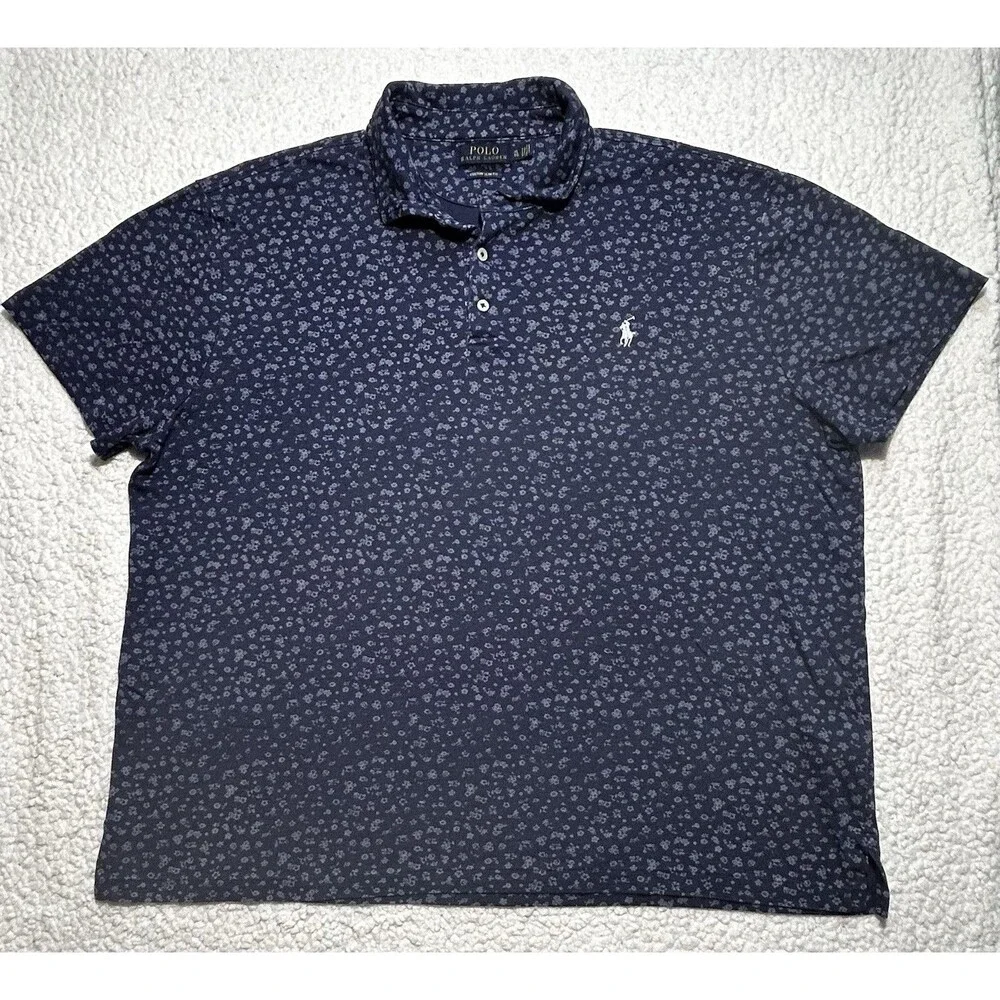 Polo Ralph Lauren Men's XL Custom Slim Fit Indigo Floral Pique Polo Shirt Logo